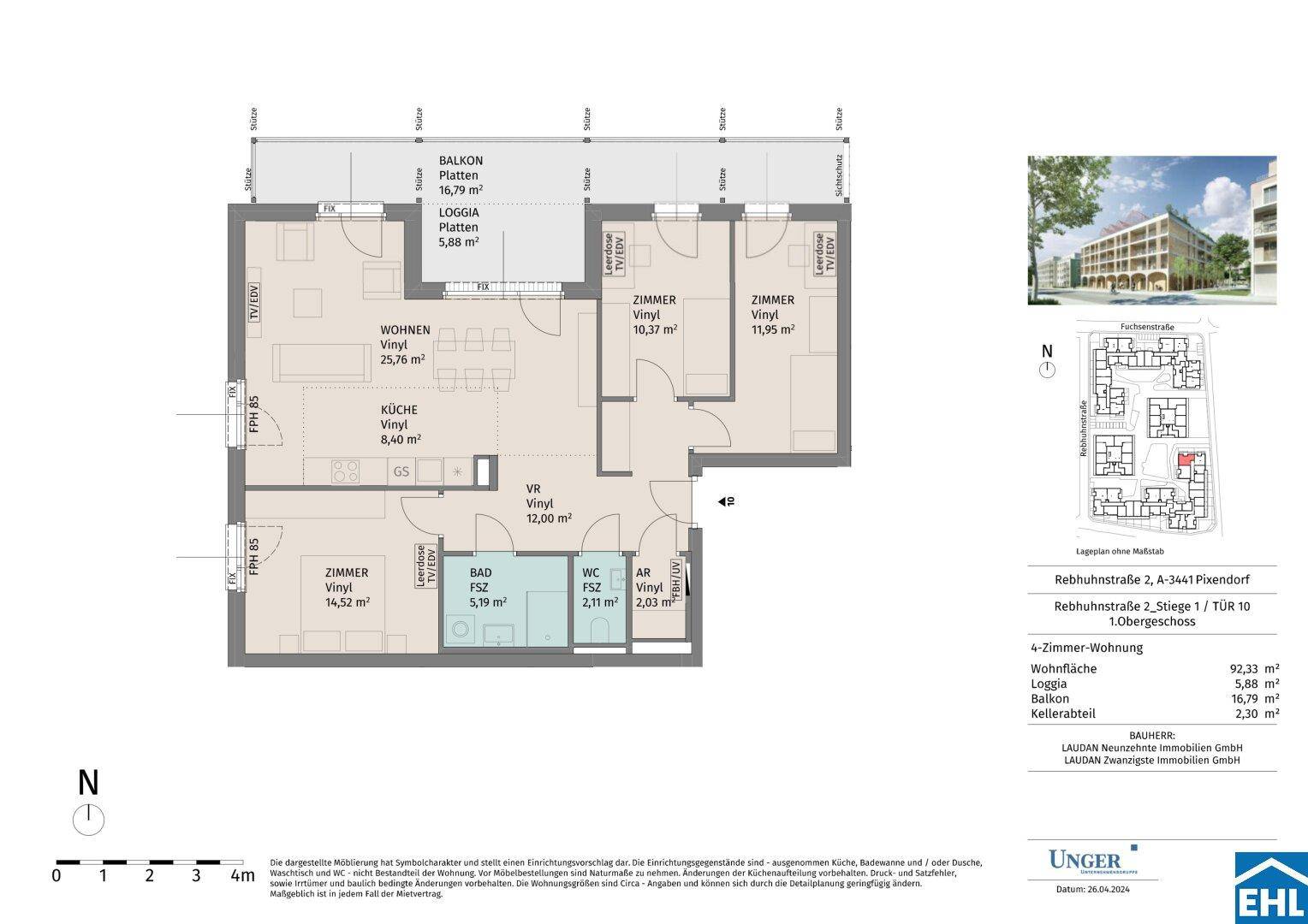 Grundriss einer 4-Zimmer-Wohnung mit offenem Wohnbereich, Balkon, Loggia und zwei Bädern.
