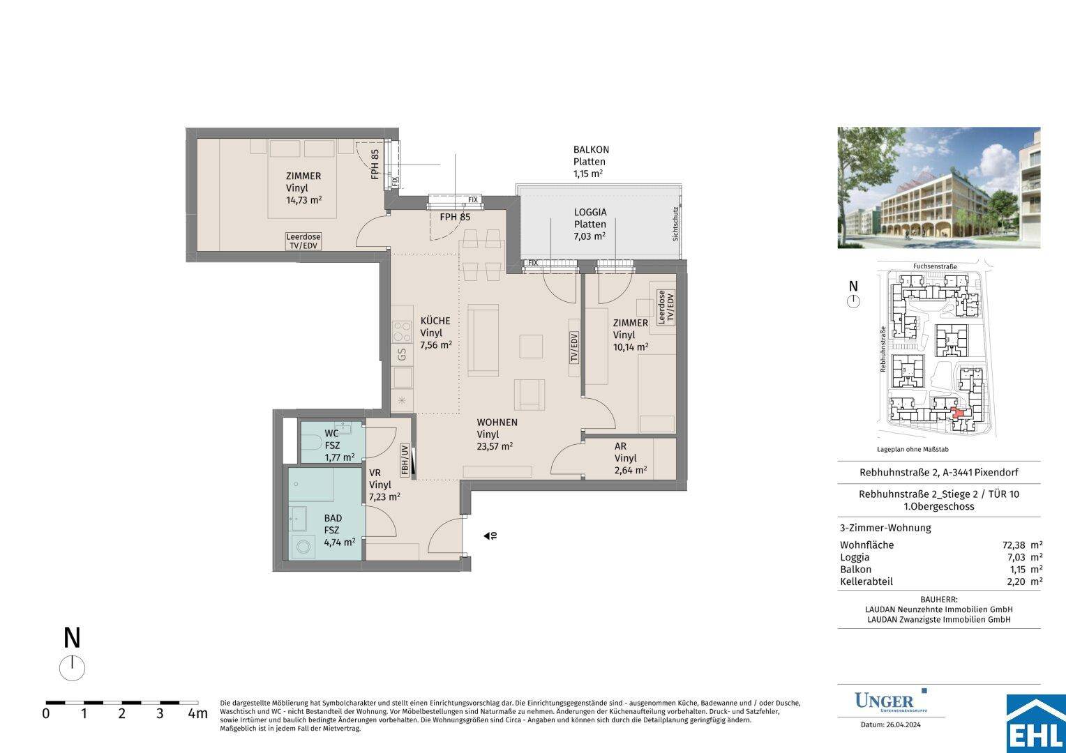 Detaillierter Grundriss einer 3-Zimmer-Wohnung mit Balkon und Loggia.