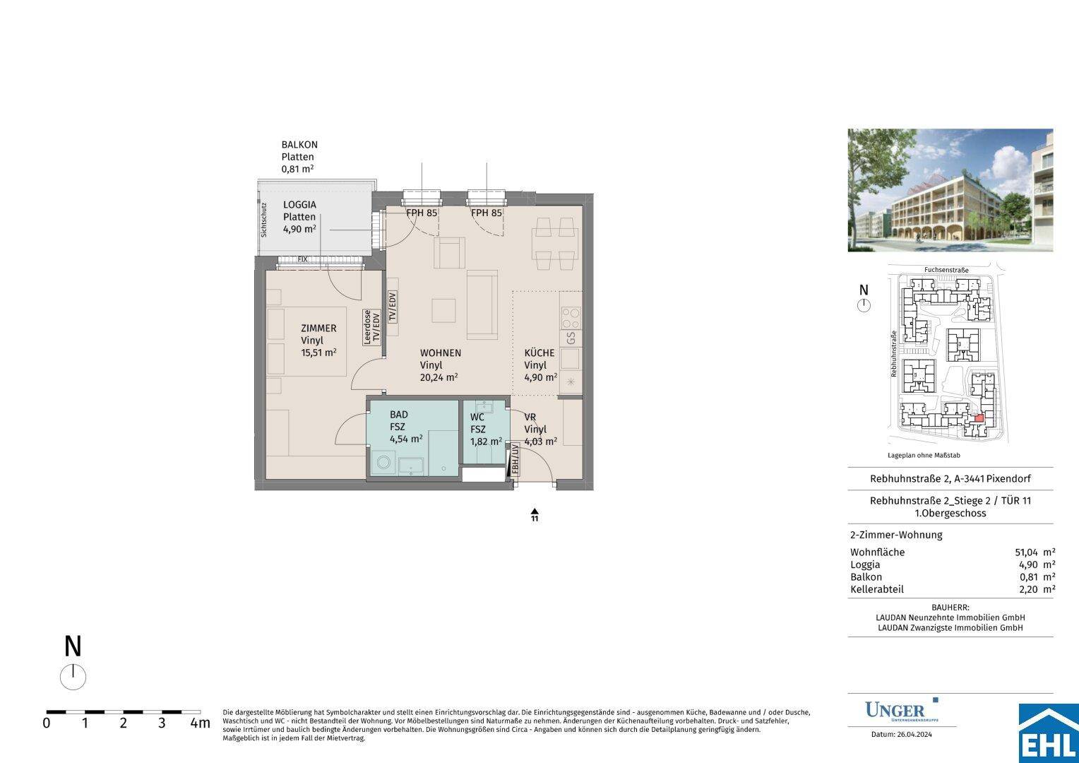 Detaillierter Grundriss einer 2-Zimmer-Wohnung mit Balkon und Loggia.