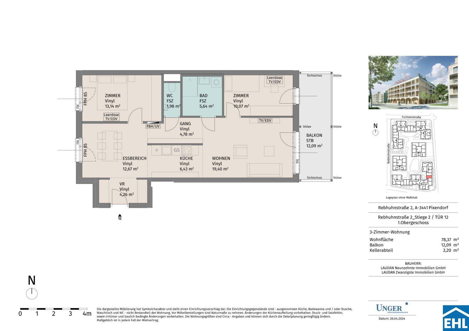 Detaillierter Grundriss einer 3-Zimmer-Wohnung mit Balkon und offener Wohnküche.