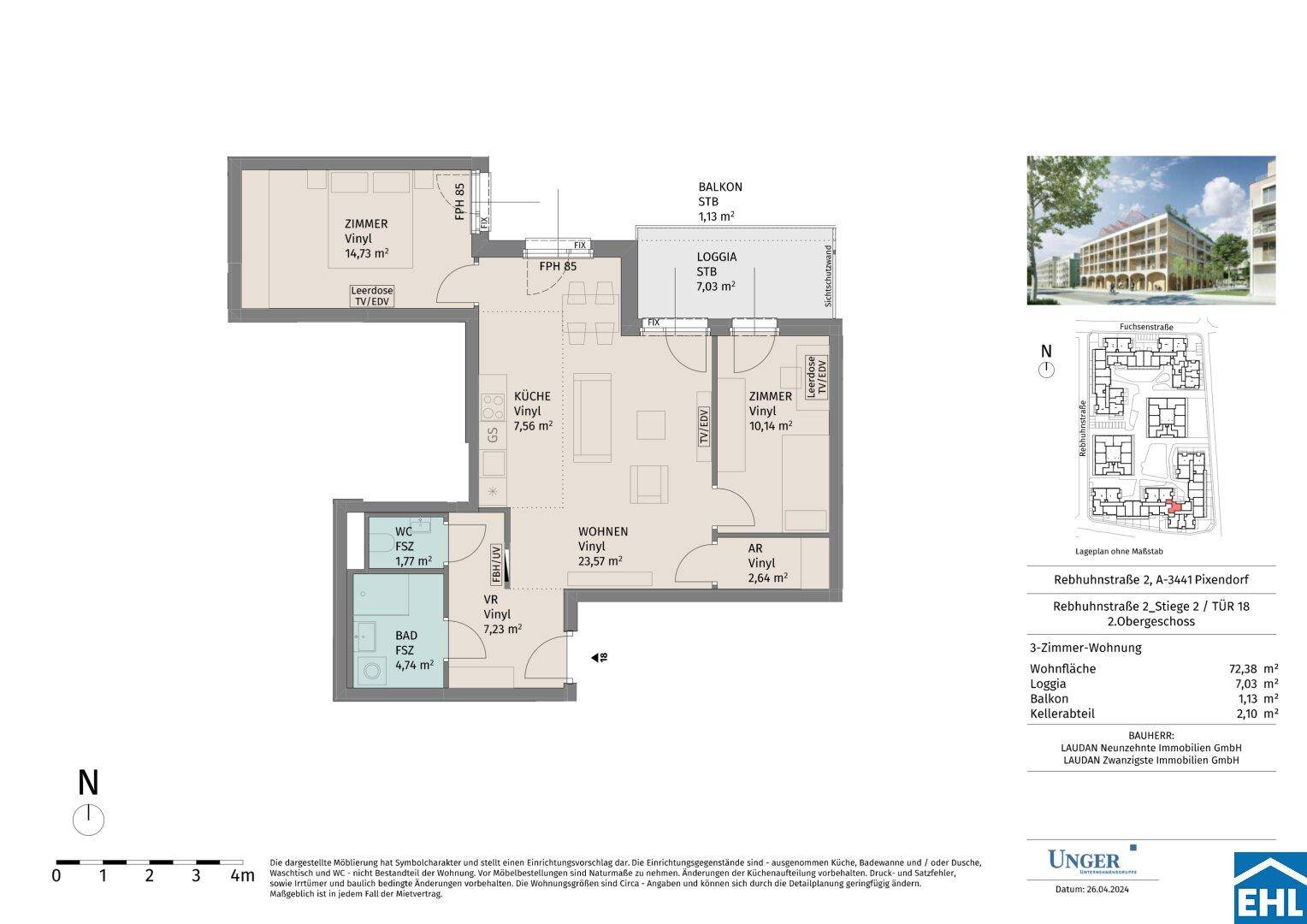 Detaillierter Grundriss einer 3-Zimmer-Wohnung mit Balkon und Loggia, inklusive Flächenangaben.