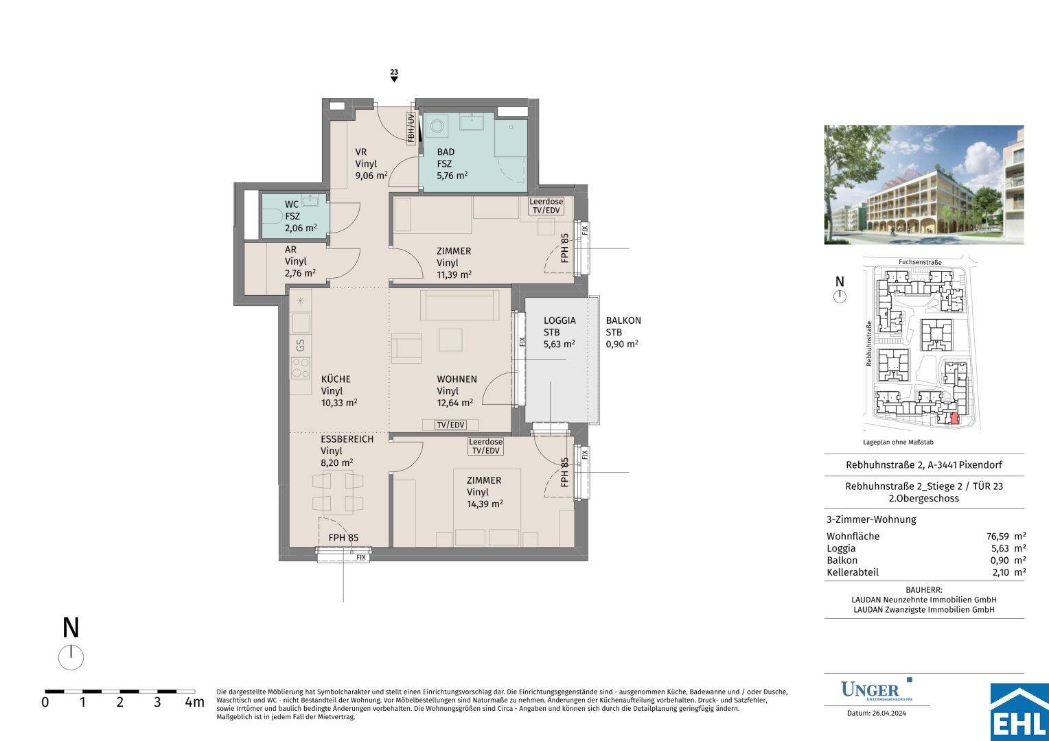 Detaillierter Grundriss einer 3-Zimmer-Wohnung mit Loggia und Balkon.