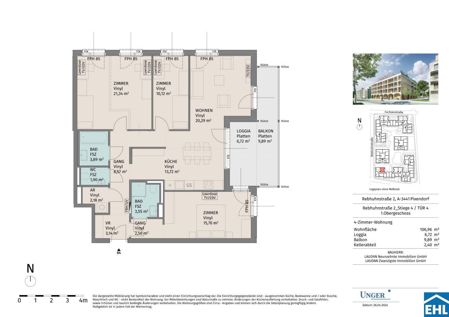 Detaillierter Grundriss einer 4-Zimmer-Wohnung mit Loggia und Balkon.