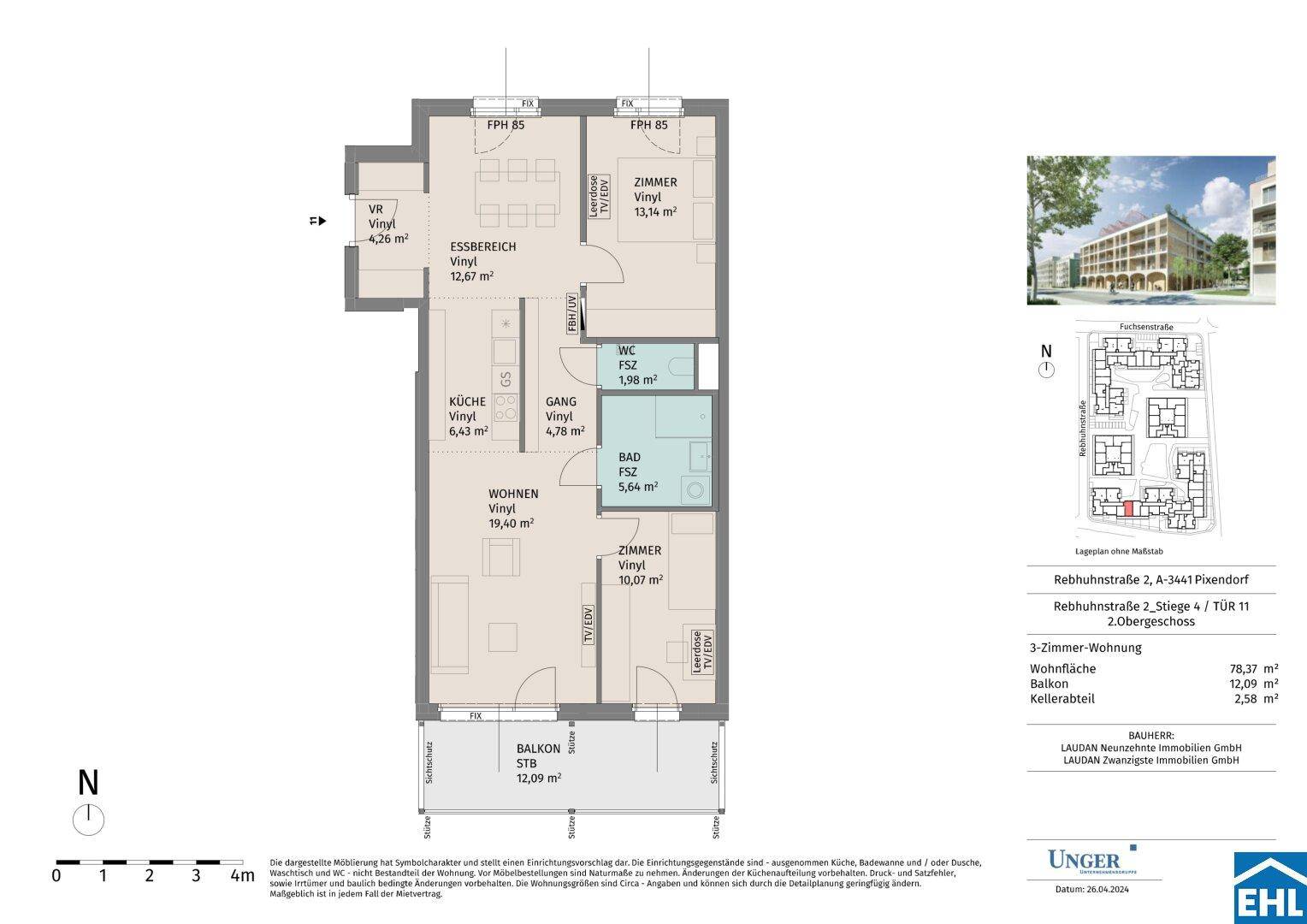 Detaillierter Grundriss einer 3-Zimmer-Wohnung mit Balkon und separatem WC.