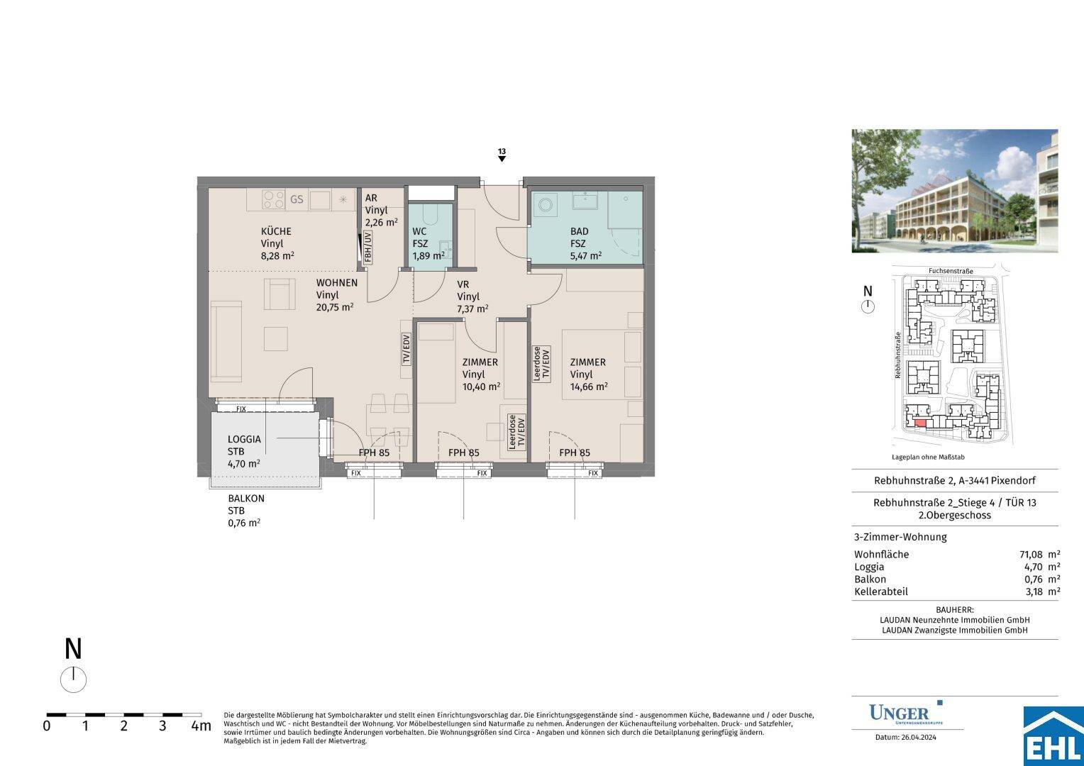 Grundriss einer 3-Zimmer-Wohnung mit Loggia, Balkon und separatem WC.