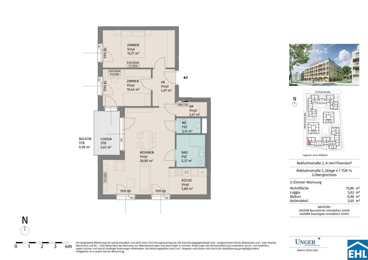 Grundriss einer 3-Zimmer-Wohnung mit Balkon, Loggia und separatem WC.