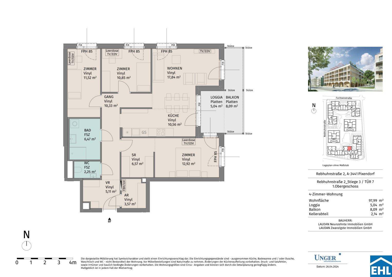 Detaillierter Grundriss einer 4-Zimmer-Wohnung mit Loggia und klarem Raumlayout.