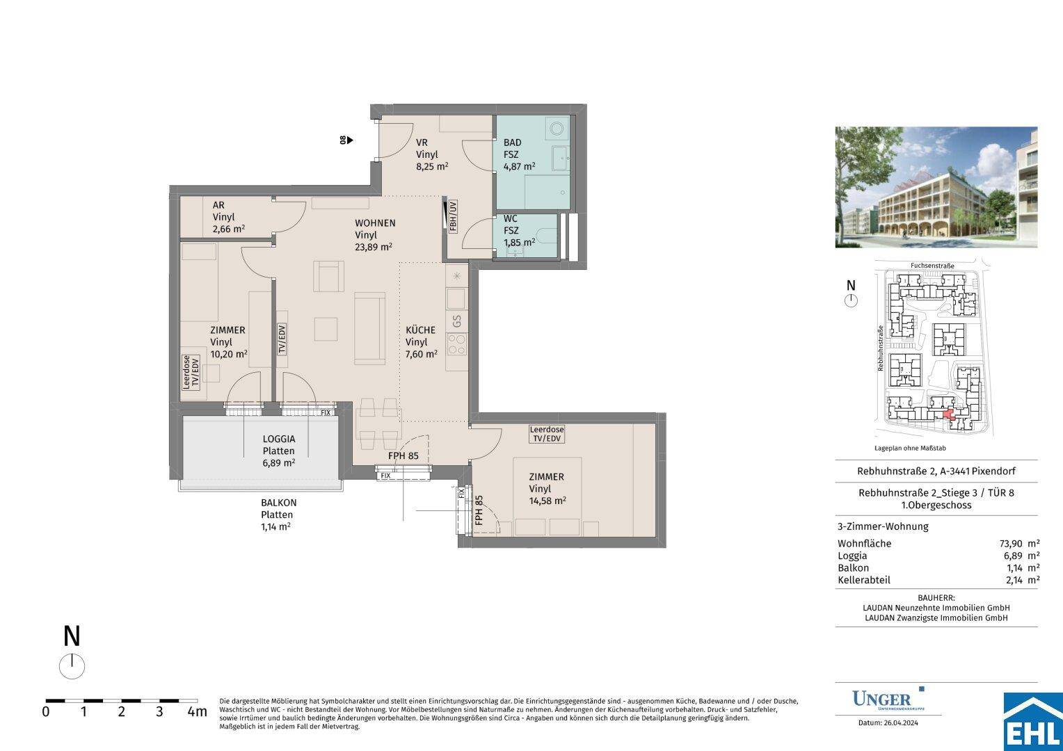 Grundriss einer 3-Zimmer-Wohnung mit Loggia, Balkon und separatem WC.