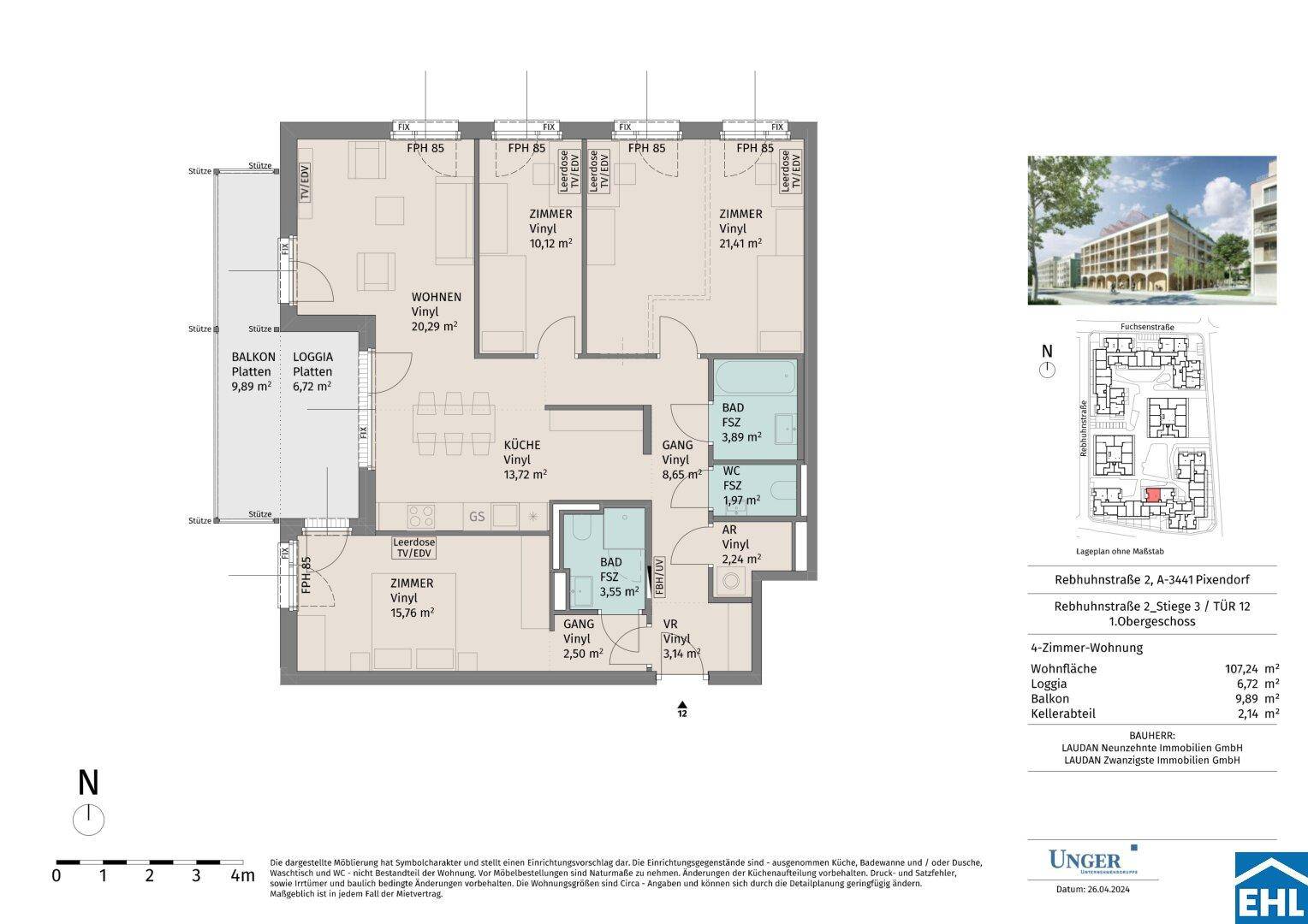 Detaillierter Grundriss einer 4-Zimmer-Wohnung mit Balkon, Loggia, zwei Bädern und separatem WC.