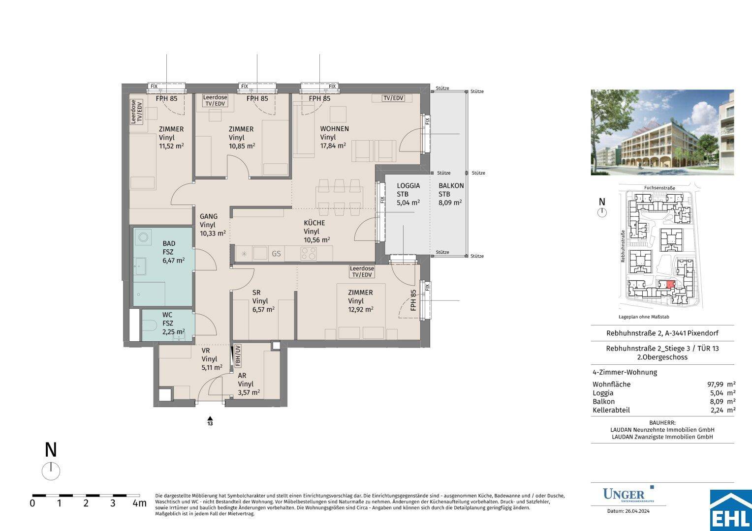 Detaillierter Grundriss einer 4-Zimmer-Wohnung mit Loggia und Balkon.