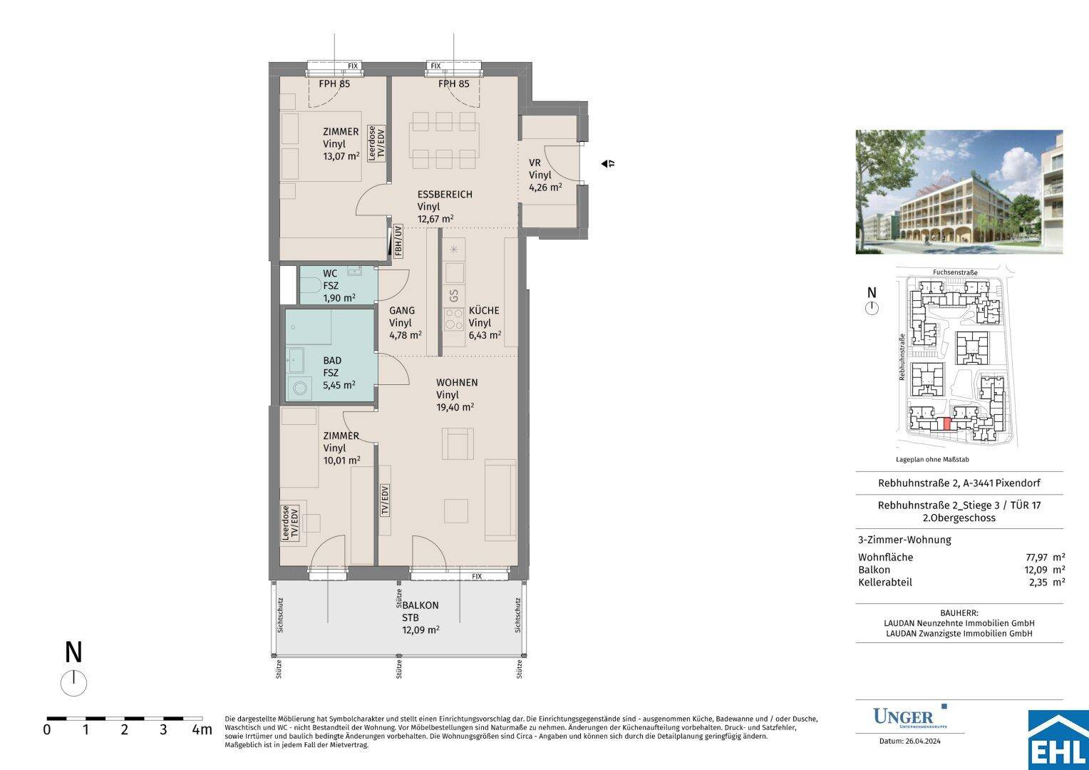 Detaillierter Grundriss einer 3-Zimmer-Wohnung mit Balkon, offenem Wohnbereich und separatem Kellerabteil.