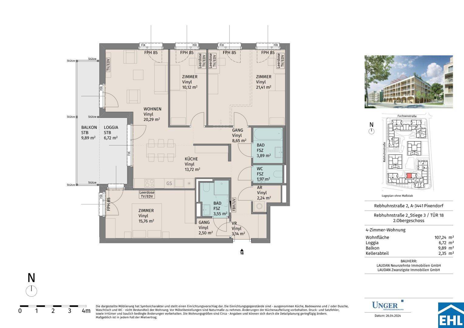 Grundriss einer 4-Zimmer-Wohnung mit separater Küche, zwei Bädern, einem Gäste-WC, Balkon und Loggia.