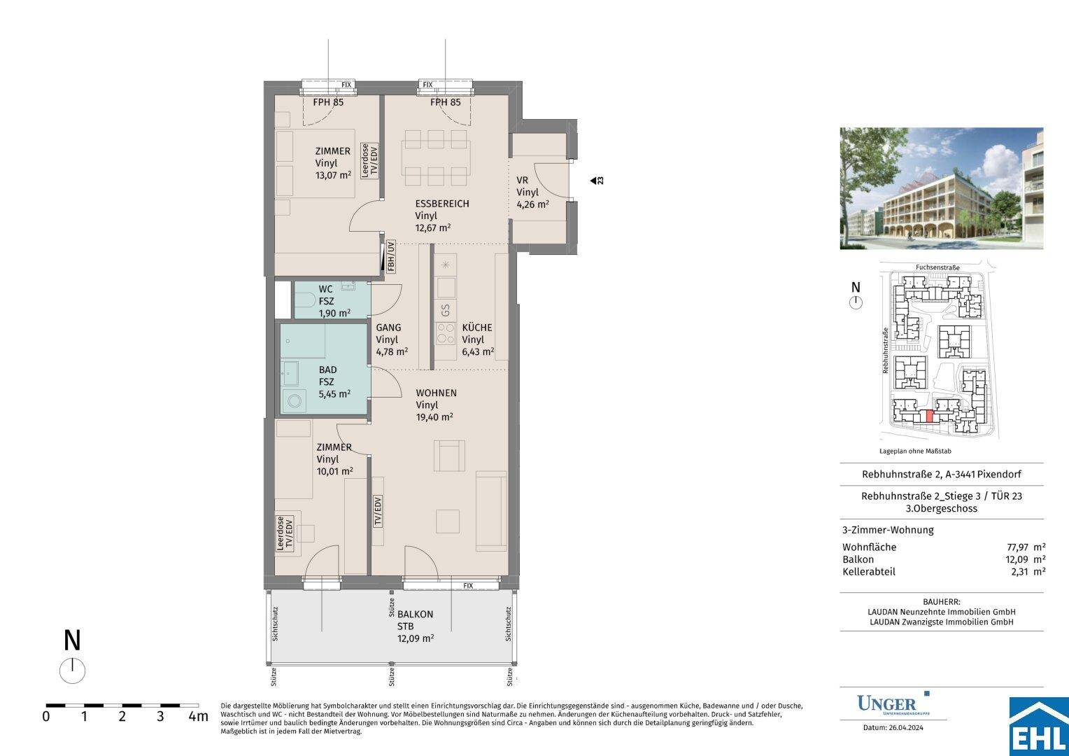 Detaillierter Grundriss einer 3-Zimmer-Wohnung mit Balkon und separatem WC.