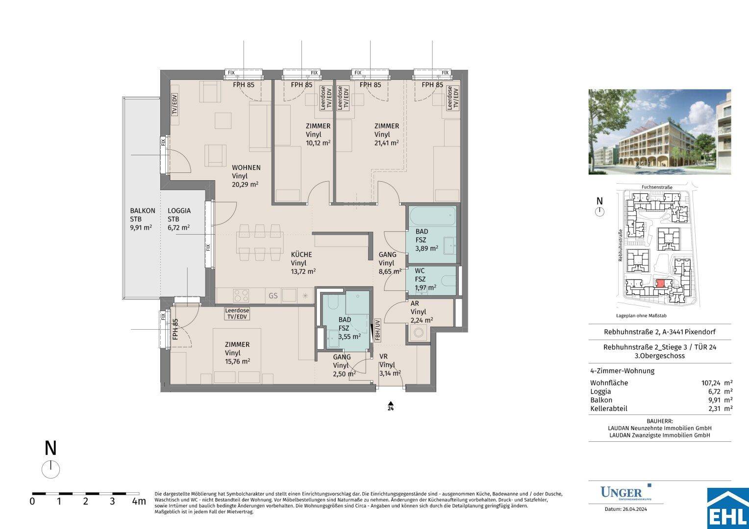 Detaillierter Grundriss einer 4-Zimmer-Wohnung mit Balkon und Loggia, inklusive Raummaßen.