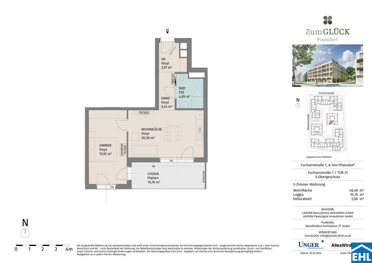 Grundriss einer 2-Zimmer-Wohnung mit Loggia, Bad und offener Wohnküche.