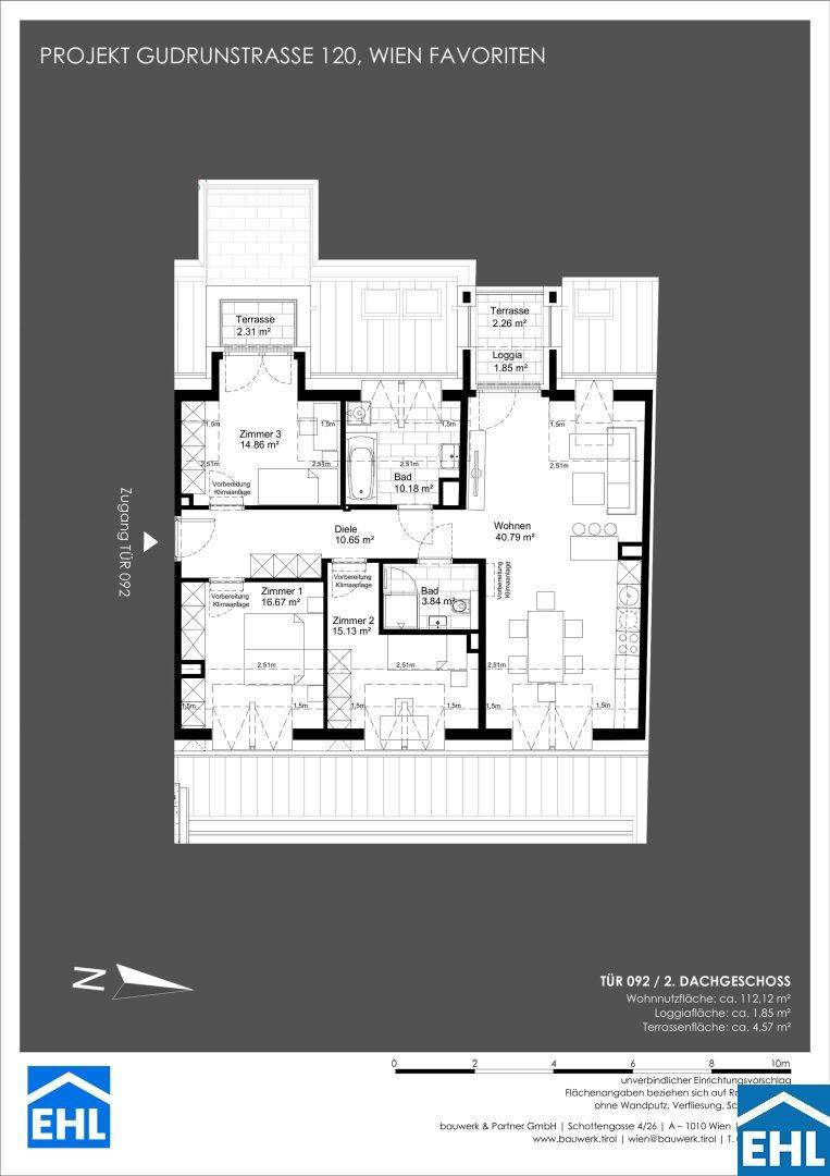 Grundriss eines Dachgeschosses mit drei Zimmern, zwei Bädern, offener Wohnküche, Loggia und zwei Terrassen.