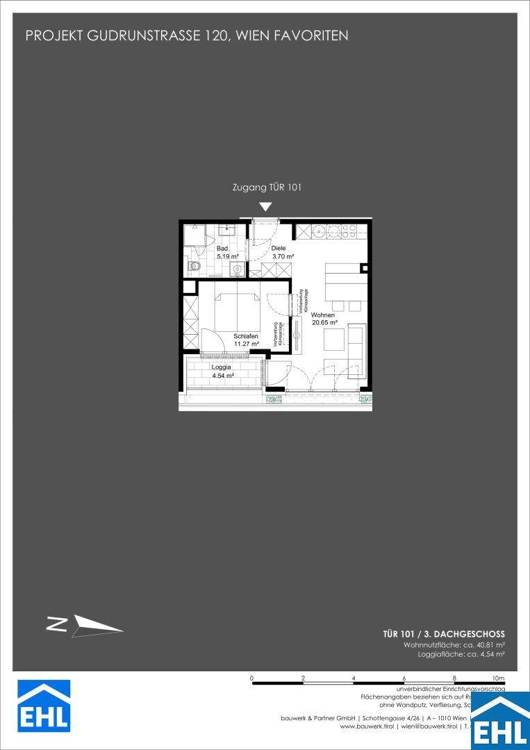Grundriss einer Dachgeschosswohnung mit offenem Wohnbereich, Schlafzimmer, Bad und Loggia.