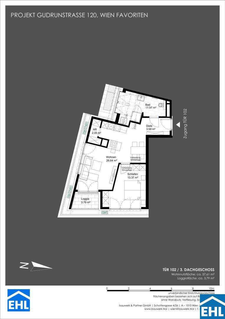 Grundriss einer modernen Dachgeschosswohnung mit offenem Wohnbereich, Schlafzimmer und Loggia.
