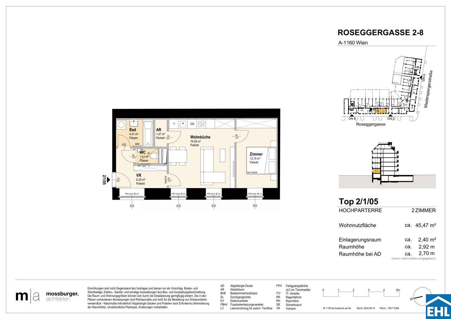 Grundriss einer 2-Zimmer-Wohnung im Hochparterre mit Wohnküche, Schlafzimmer, Bad und separatem WC.