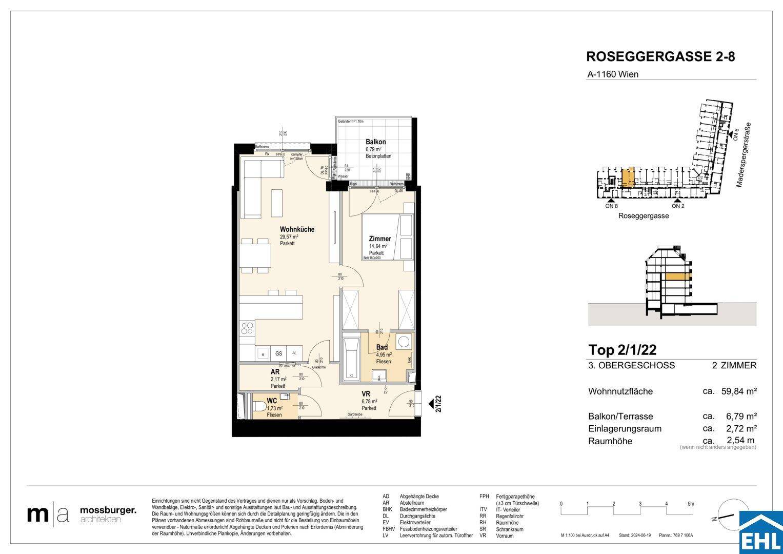 Grundriss einer modernen 2-Zimmer-Wohnung mit offener Wohnküche, Balkon, Bad und separatem WC.