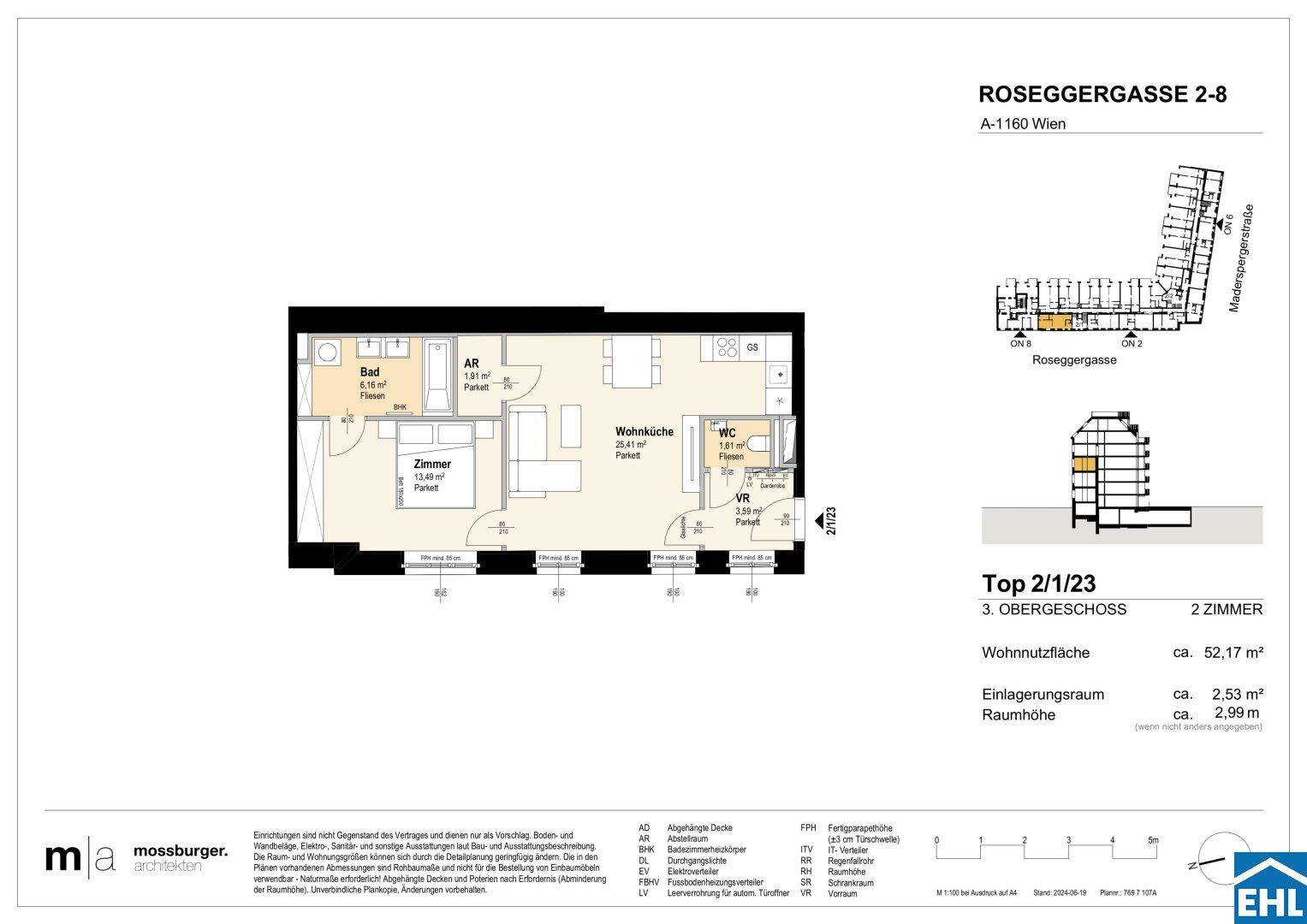 Grundriss einer 2-Zimmer-Wohnung mit offener Wohnküche, separatem WC und Abstellraum.