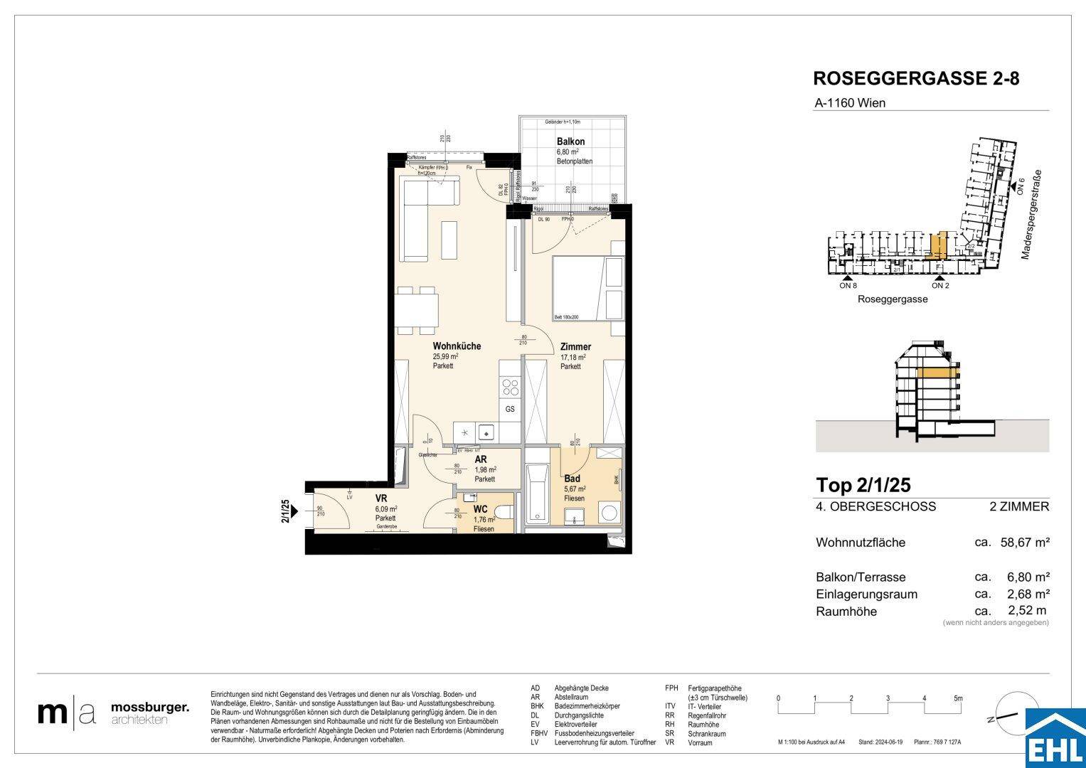 Grundriss einer 2-Zimmer-Wohnung im 4. Obergeschoss mit offener Wohnküche und Balkon.