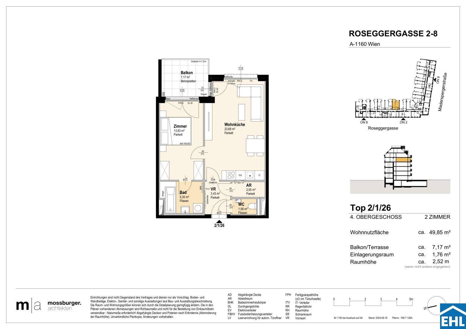 Grundriss einer 2-Zimmer-Wohnung im 4. Obergeschoss mit Balkon und separatem WC.