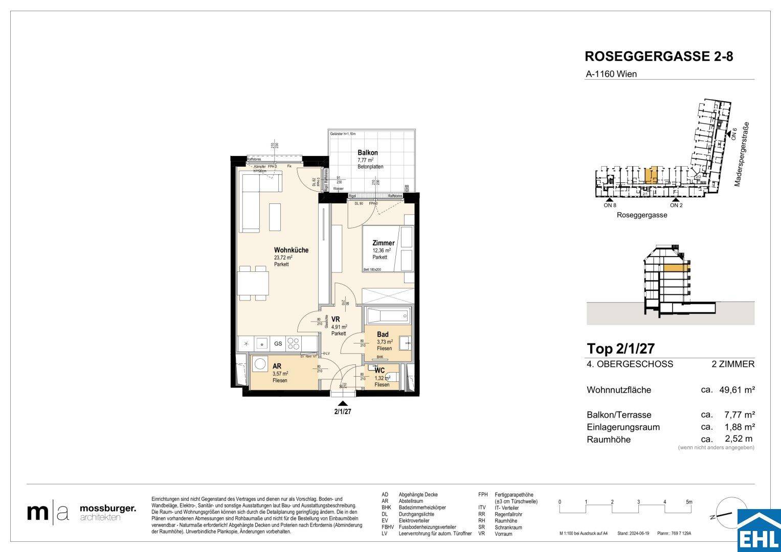 Grundriss einer 2-Zimmer-Wohnung mit offener Wohnküche, separatem Bad und WC sowie einem Balkon.