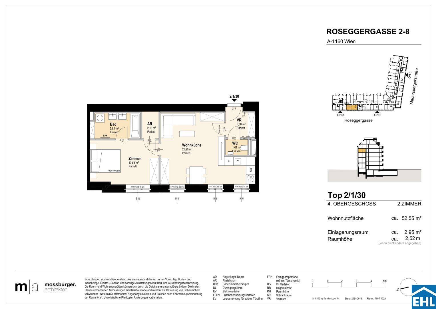 Grundriss einer 2-Zimmer-Wohnung mit offener Wohnküche, separatem Schlafzimmer und Bad mit Badewanne.