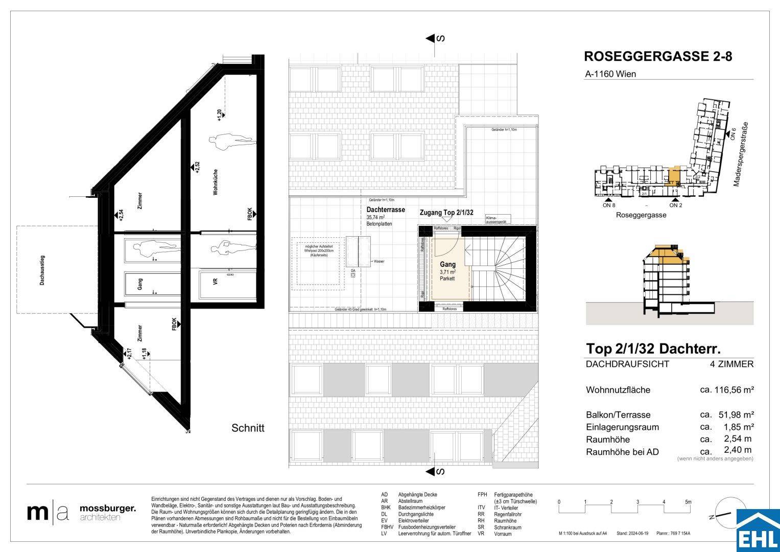 Dachaufsicht mit großer Dachterrasse und Zugang zum Treppenhaus, inklusive Schnittansicht.
