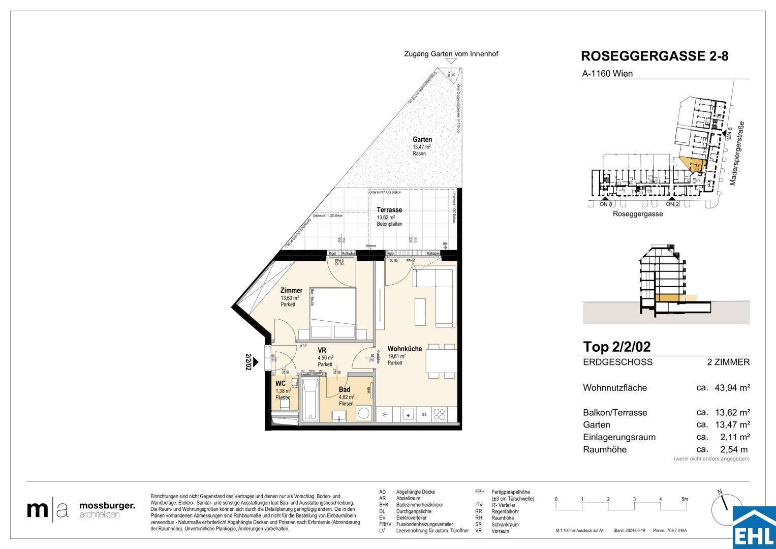 Grundriss einer 2-Zimmer-Wohnung im Erdgeschoss mit Terrasse und Garten.