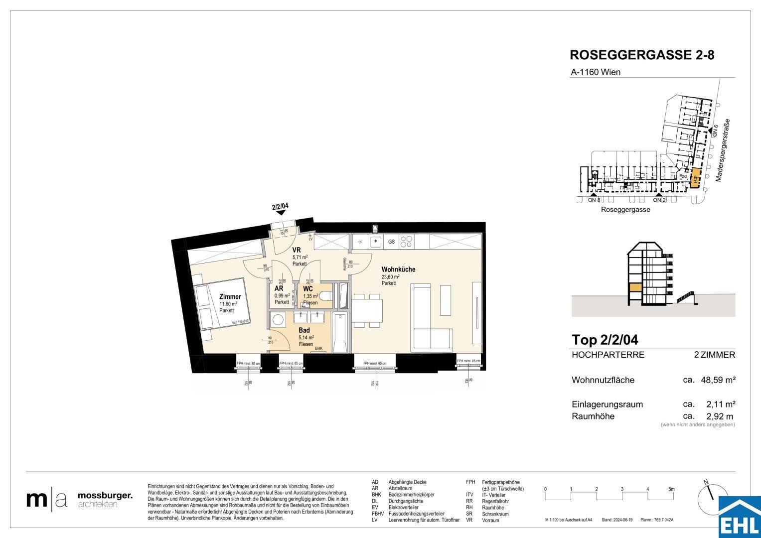 Grundriss einer 2-Zimmer-Wohnung im Hochparterre mit 48,59 m² Wohnnutzfläche.