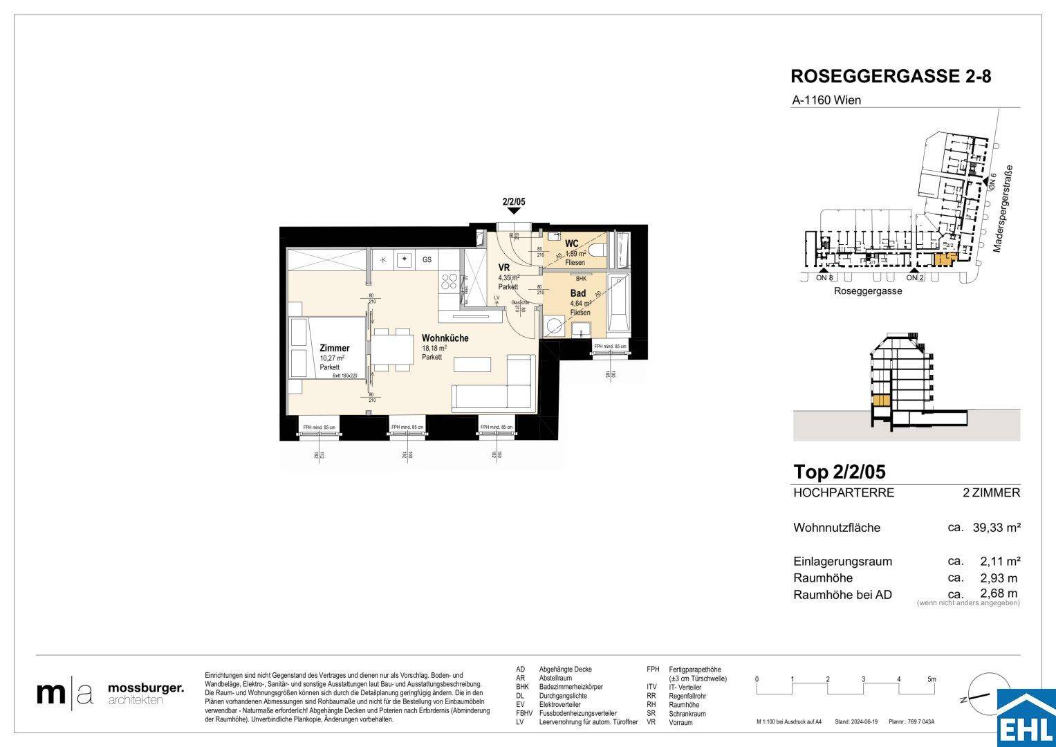 Grundriss einer modernen Wohnung mit offener Wohnküche, separatem Schlafzimmer und Badezimmer.