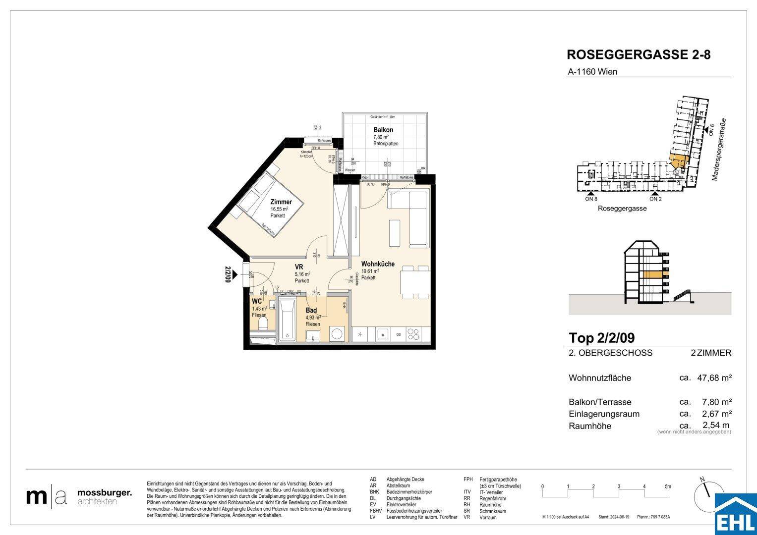 Grundriss einer 2-Zimmer-Wohnung im zweiten Obergeschoss mit offener Wohnküche, Schlafzimmer und Balkon.