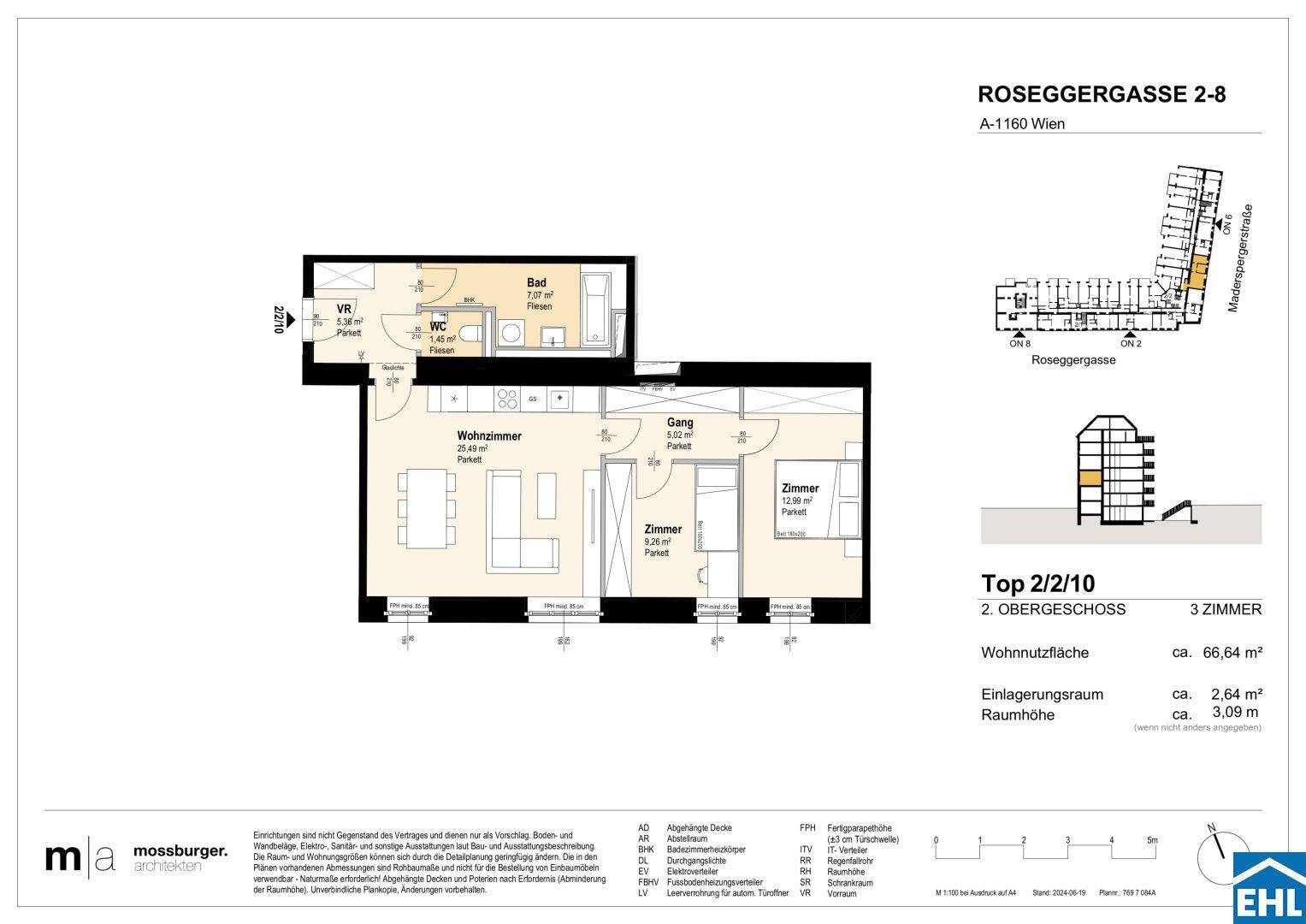 Detaillierter Grundriss einer modernen 3-Zimmer-Wohnung mit offenem Wohnbereich, integrierter Küche und Balkon.