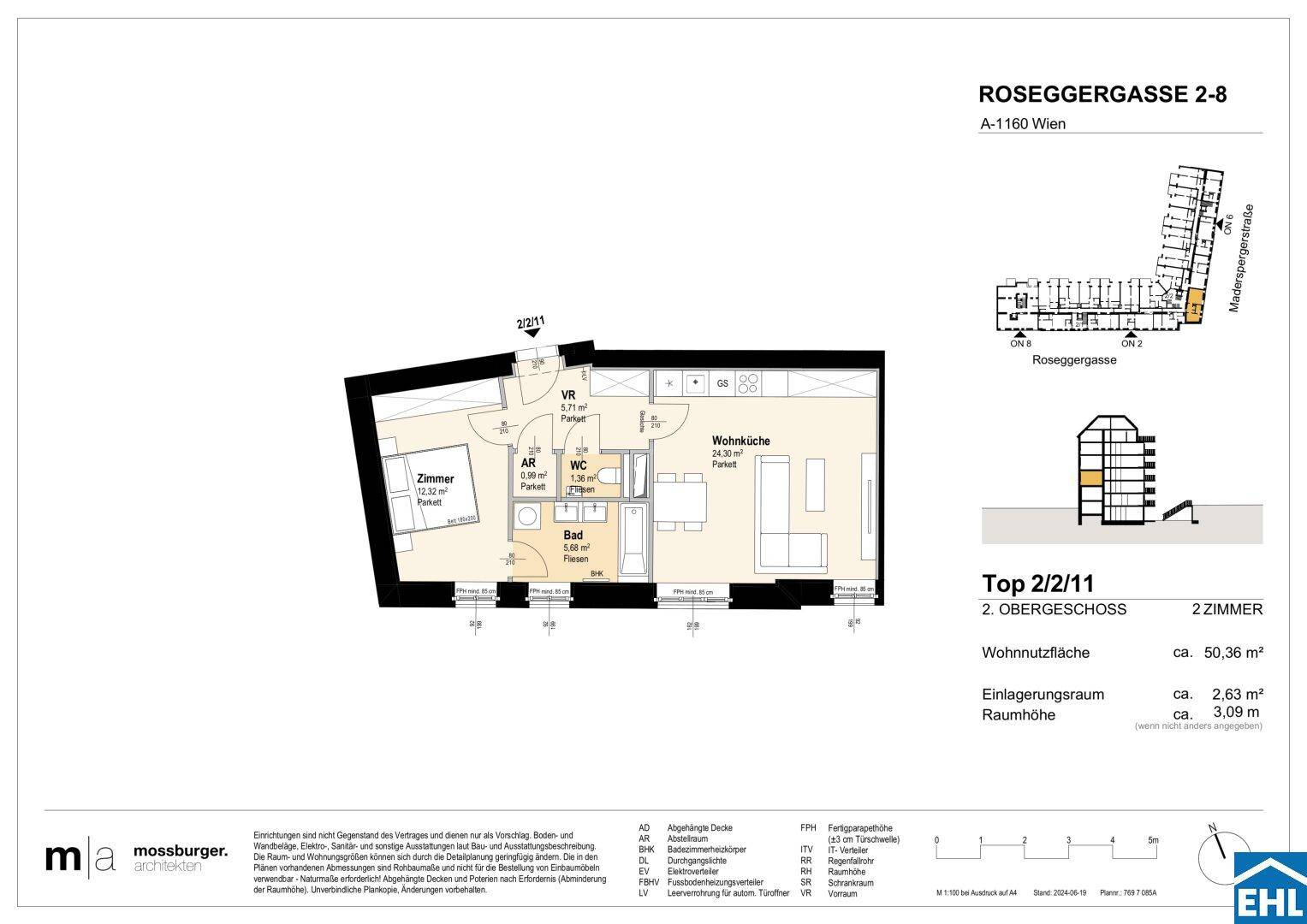 Grundriss einer 2-Zimmer-Wohnung im zweiten Obergeschoss mit offener Wohnküche, einem Schlafzimmer und separatem WC.