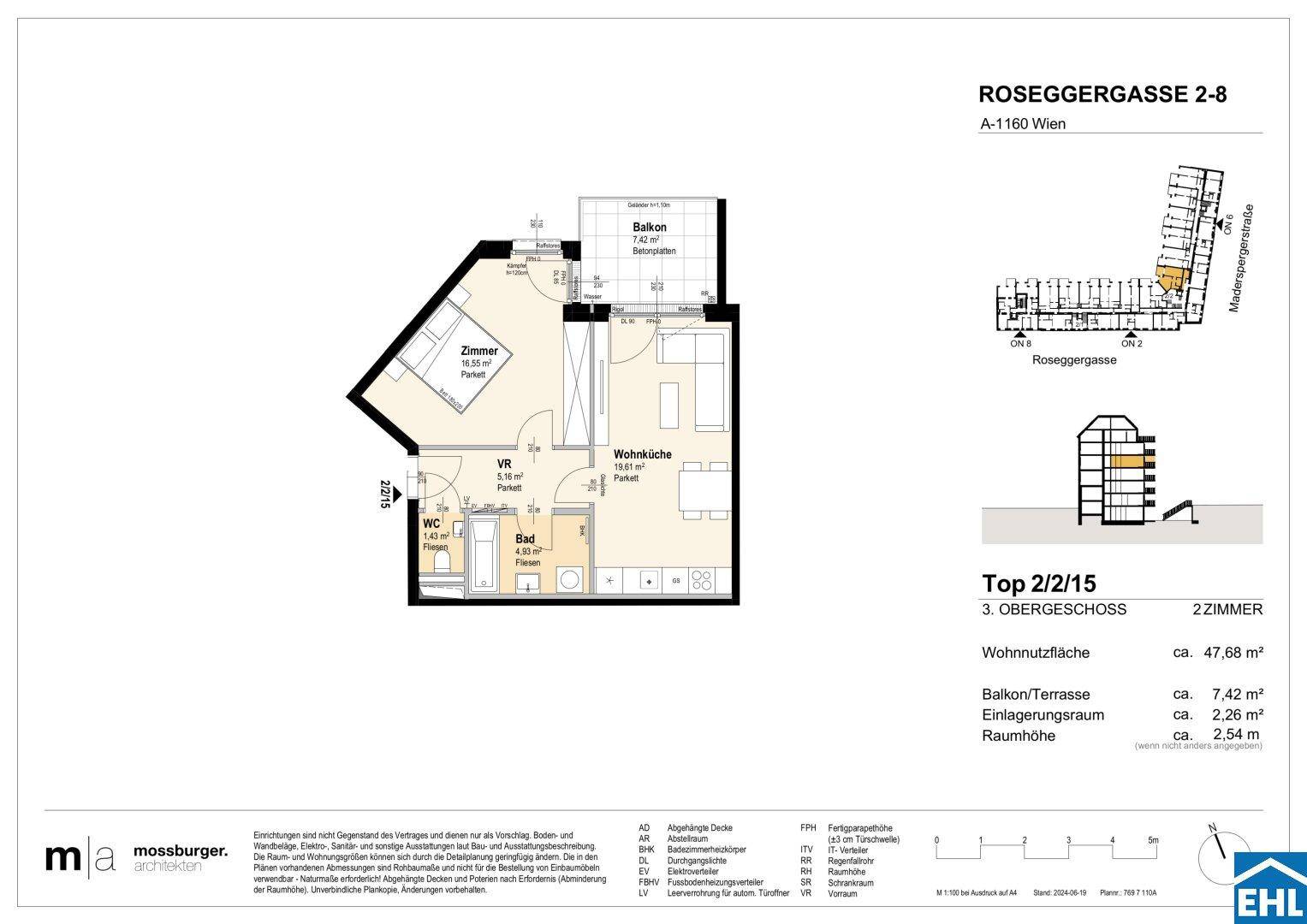Grundriss einer 2-Zimmer-Wohnung mit offener Wohnküche, separatem WC und Balkon.
