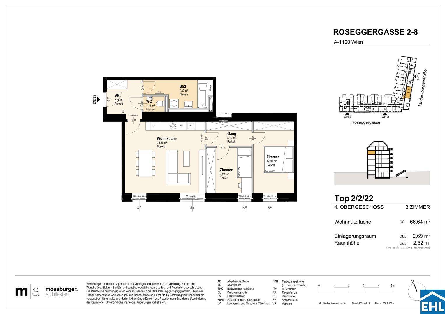 Grundriss einer modernen Wohnung im vierten Obergeschoss mit offener Wohnküche, zwei Schlafzimmern und separatem WC.