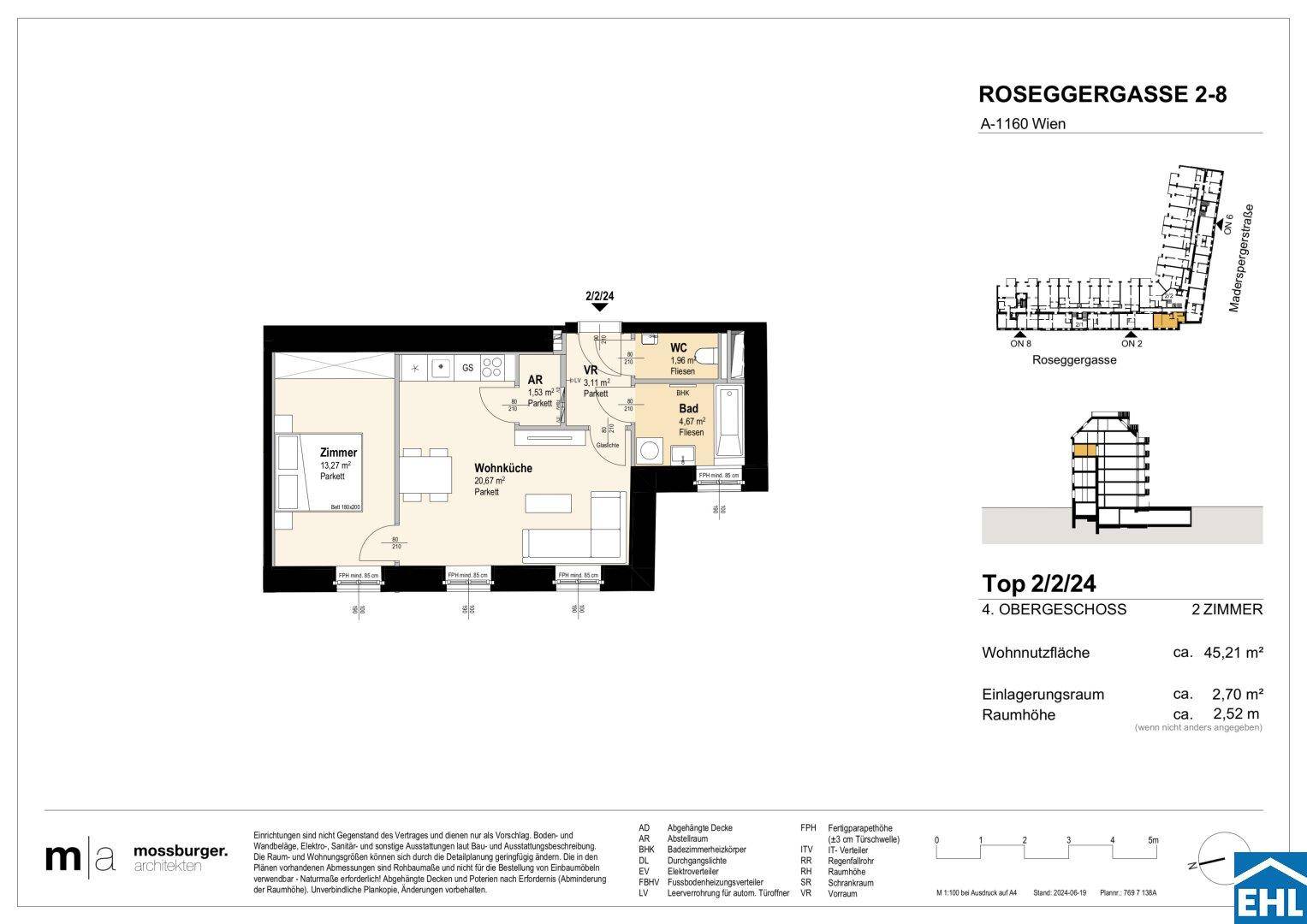 Grundriss einer Zweizimmerwohnung mit Wohnküche, Bad und separatem WC.