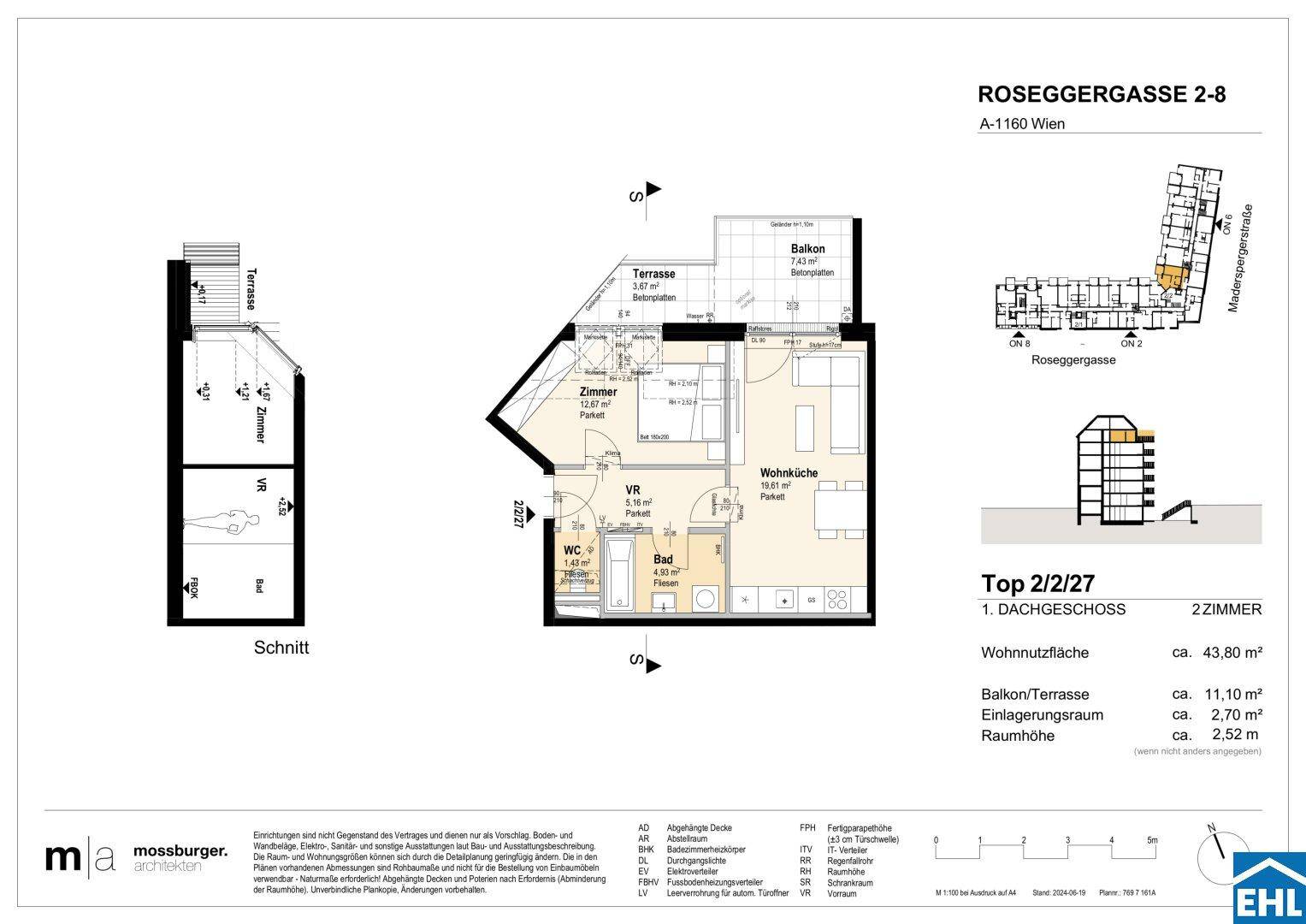 Grundriss einer Dachgeschosswohnung mit offener Wohnküche, Schlafzimmer, Bad, separatem WC, Balkon und Terrasse.