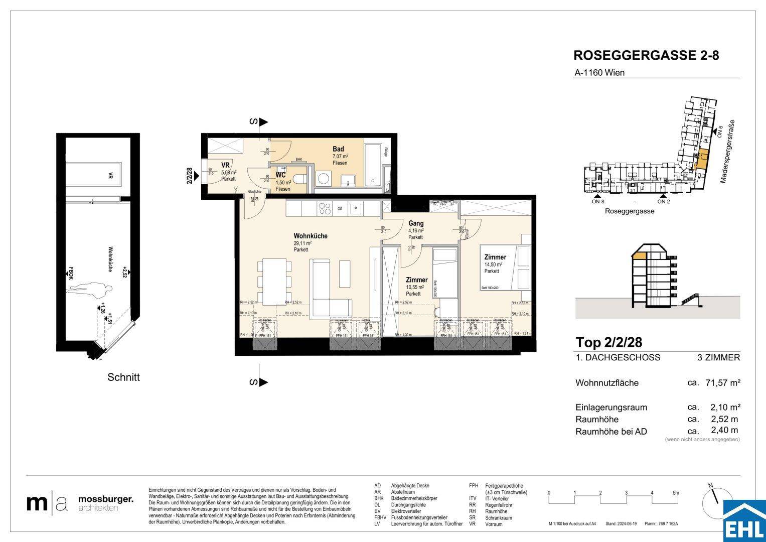 Grundriss einer 3-Zimmer-Dachgeschosswohnung mit offener Wohnküche, Bad, separatem WC und Balkon.