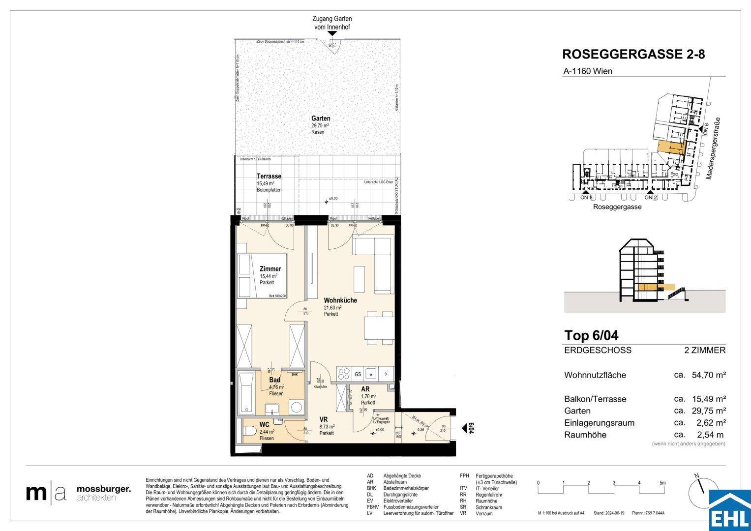 Grundriss für eine 2-Zimmer-Erdgeschosswohnung mit Terrasse und eigenem Garten.