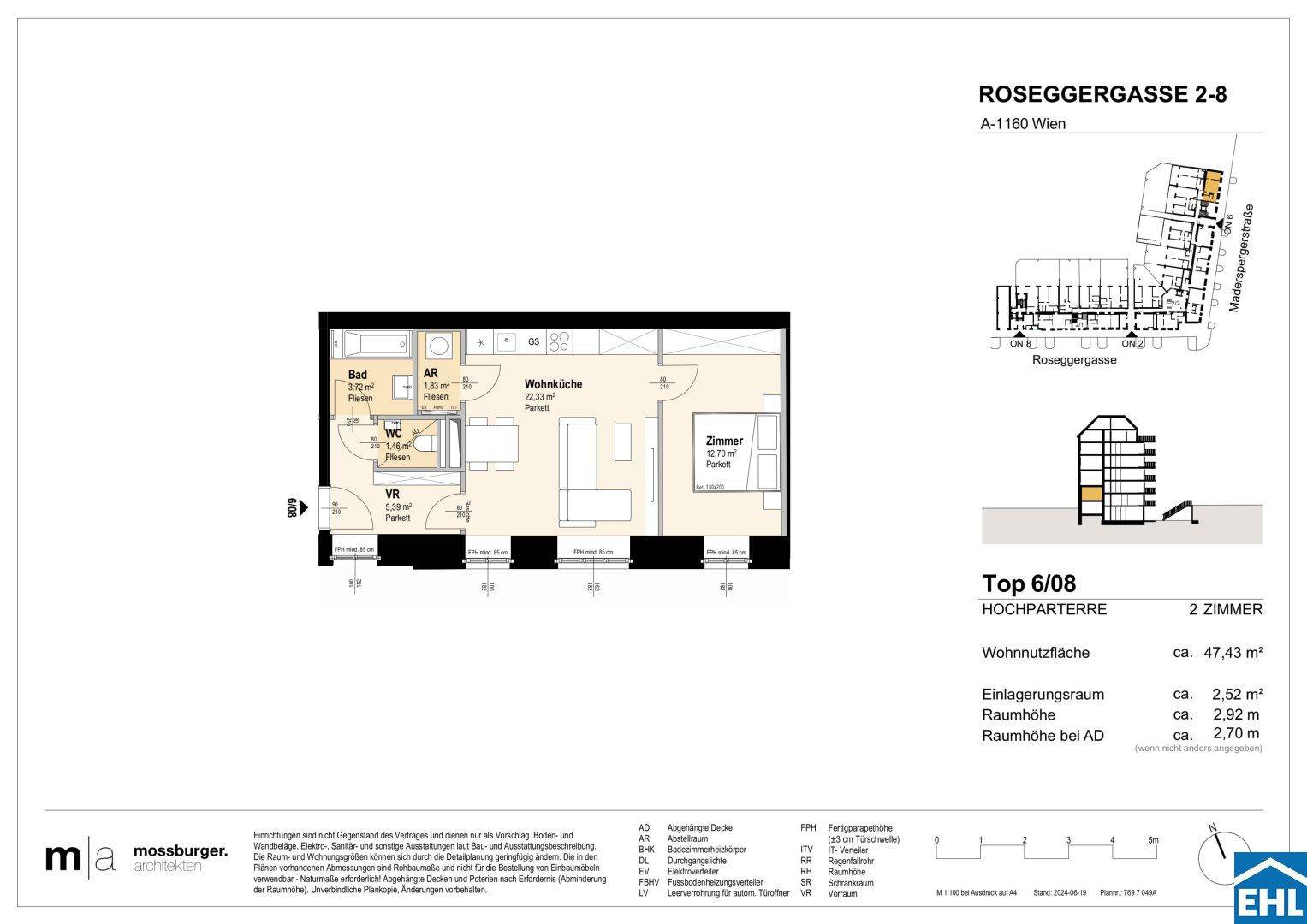 Grundriss einer 2-Zimmer-Wohnung mit offener Wohnküche, Schlafzimmer, Bad und separatem WC.