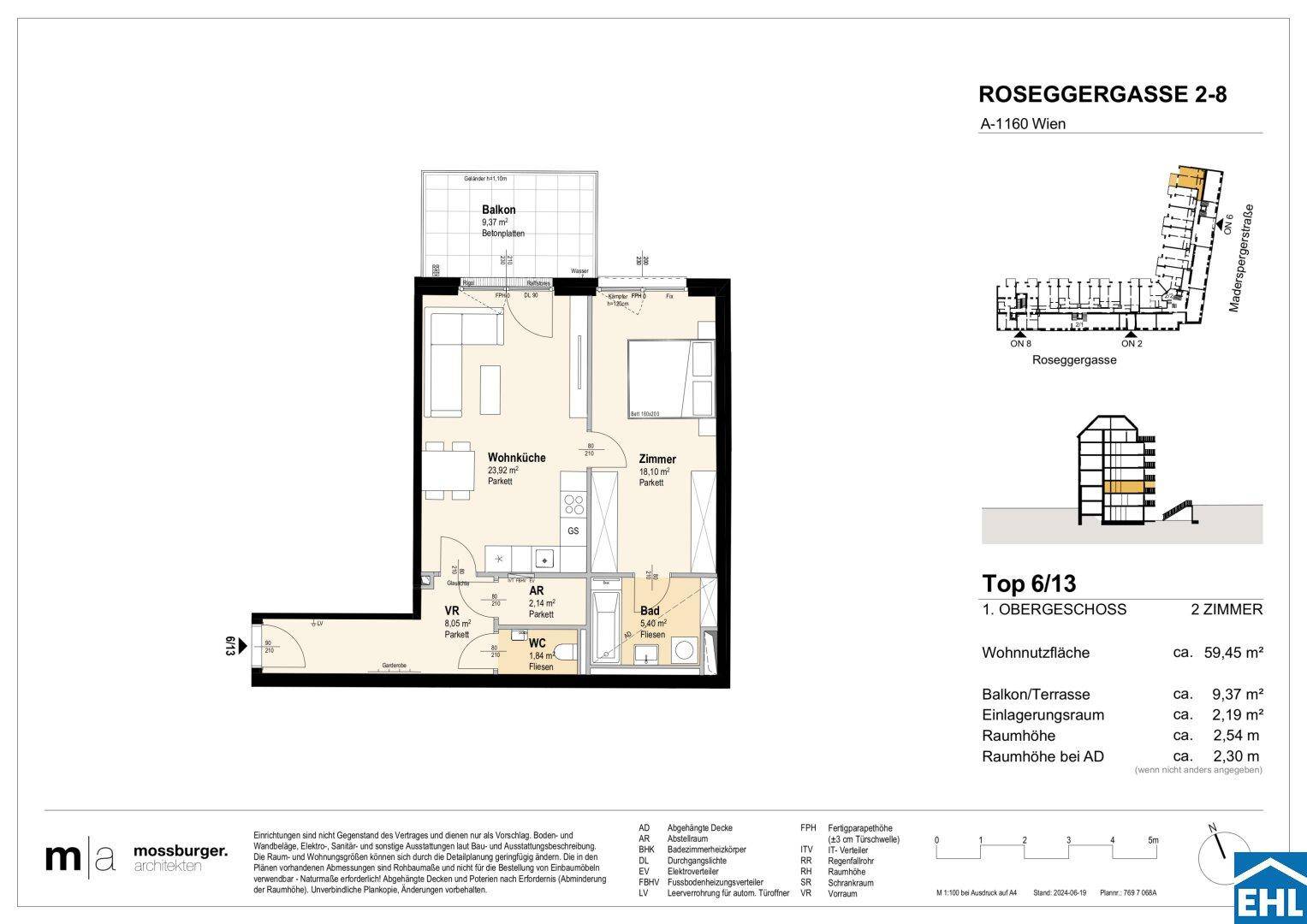 Detaillierter Grundriss einer modernen Zweizimmerwohnung mit offener Wohnküche, separatem WC und Balkonzugang.