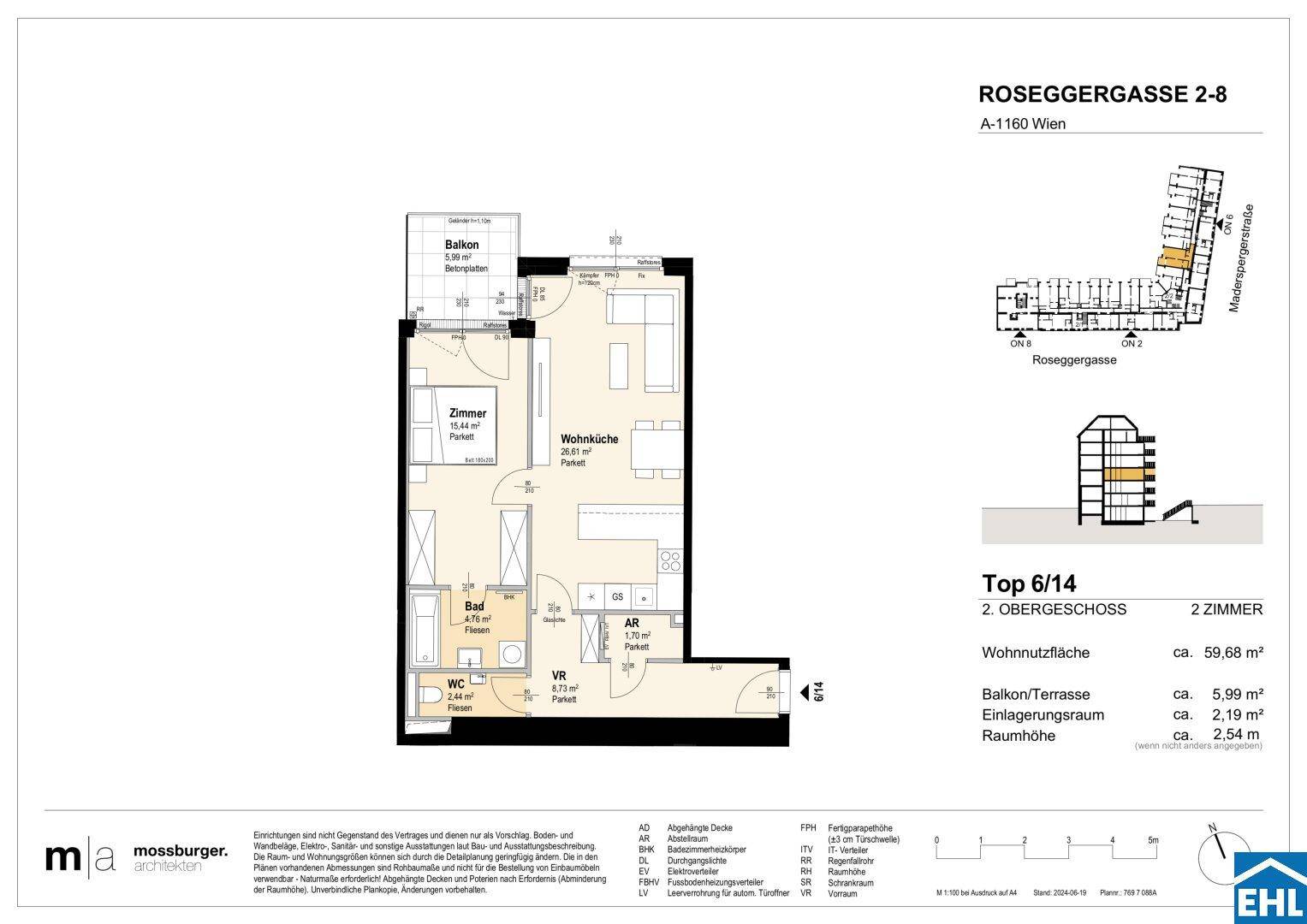 Grundriss einer modernen 2-Zimmer-Wohnung mit offener Wohnküche, Schlafzimmer, Bad, separatem WC und Balkon.