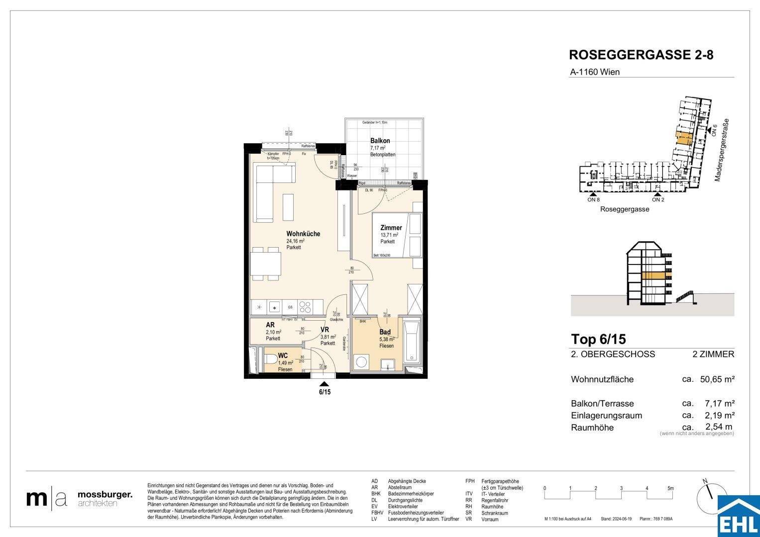 Grundriss einer Zweizimmerwohnung mit offener Wohnküche, Balkon, separatem WC und Abstellraum.
