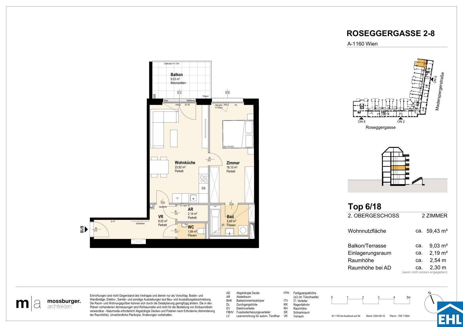 Detaillierter Grundriss einer 2-Zimmer-Wohnung mit offener Wohnküche, Bad, separatem WC und Balkon.