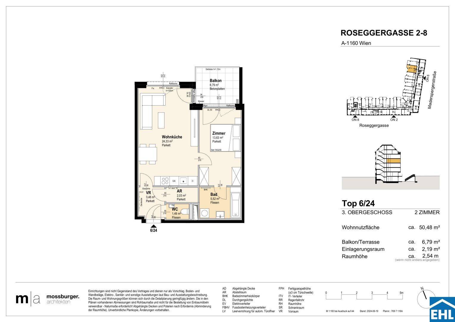 Grundriss einer modernen Wohnung mit offener Wohnküche, Schlafzimmer, Bad, separatem WC und Balkon.