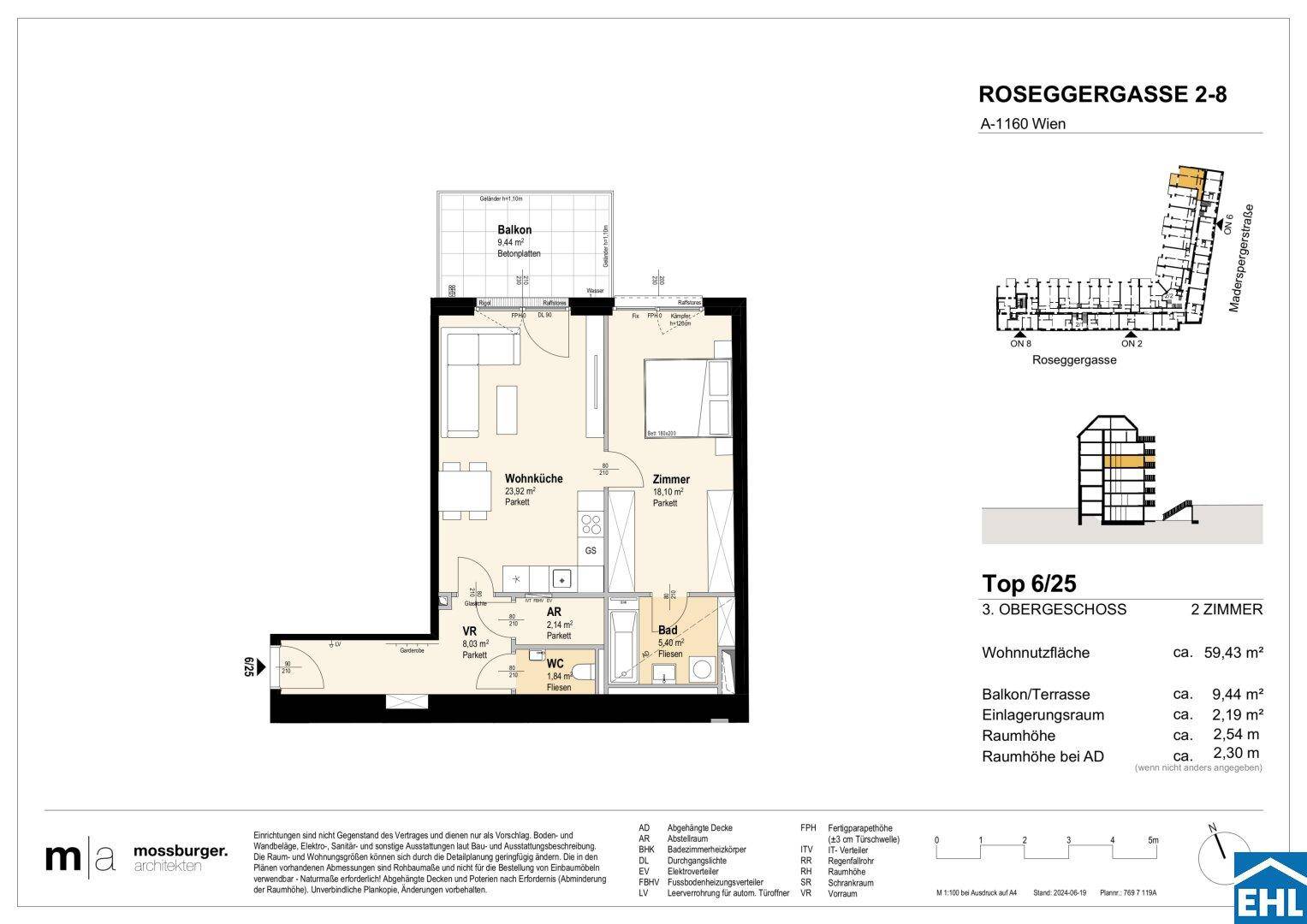 Grundriss einer 2-Zimmer-Wohnung mit offener Wohnküche, Schlafzimmer, Bad und separatem WC. Ein Balkon ist vom Wohnbereich zugänglich.