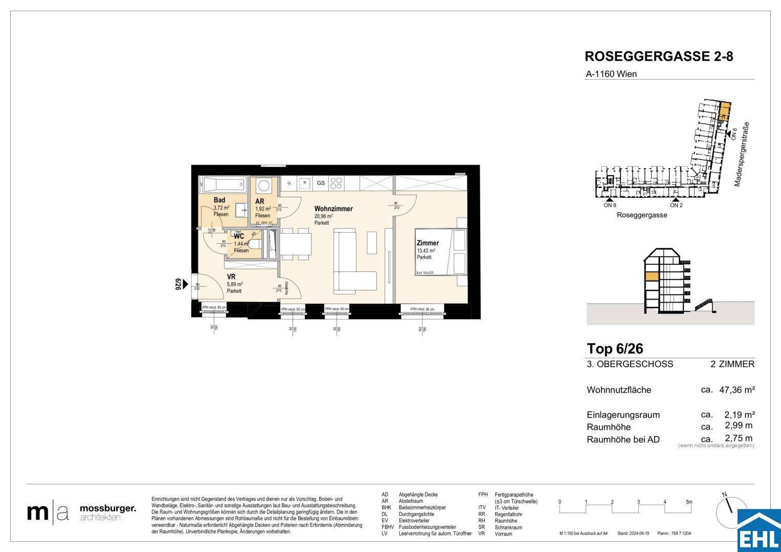 Grundriss einer 2-Zimmer-Wohnung mit offenem Wohnbereich, separatem WC und Bad.